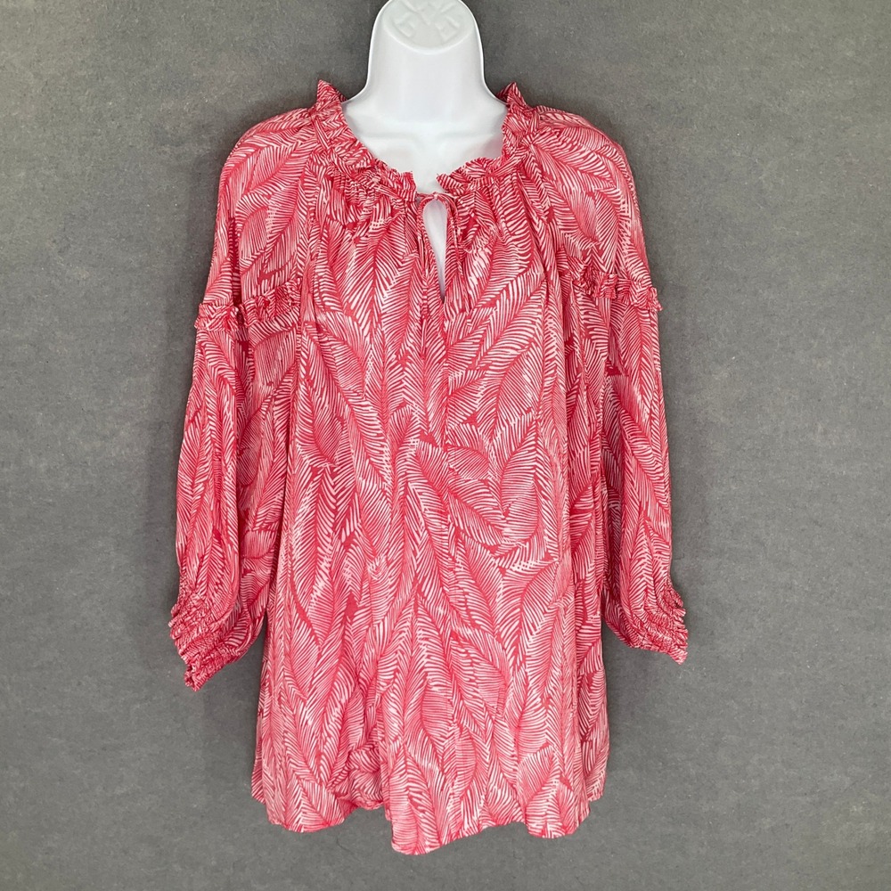 Zac & Rachel Woman 3X‎ Tunic Top Red White Leaf Print Long Sleeve Ruffle Neck